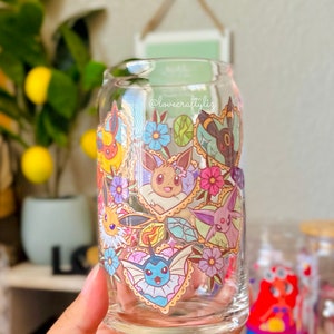 Poke Eeveelutions 16oz Beer Can Glass | Spring Cup | Iced Coffee | Gift | Daisies | Pocket Monsters | POGO| Eevee | PKMN | Floral