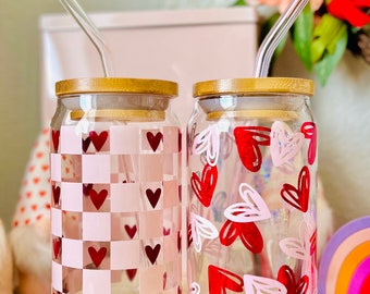 Bicchiere di lattina di birra con cuori a scacchi da 16 oz / Cuori di San Valentino / Amore / Bicchiere di lattina di soda Xoxo / Caffè ghiacciato / Bicchiere di frullato / Vday