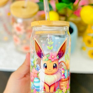 Poke Easter Spring Pocket Monster 16oz Beer Can Glass | Iced Coffee | Smoothie | Gift | Daisies | Eeveelutions | POGO| PKMN Buddy