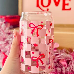 Checkered Coquette Bows Hearts 16 oz Beer Can Glass | Love | Xoxo Cup | Iced Coffee | Vday | Valentine’s Day | Kiss | For Her | Mothers Day