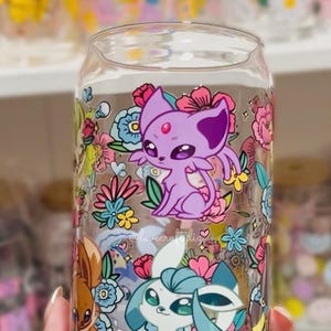 Poke Chibi Eeveelutions 16oz Beer Can Glass | Spring Cup | Iced Coffee | Gift | Daisies | Pocket Monsters | POGO| Eevee | PKMN | Floral