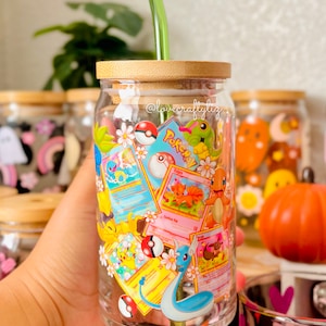 Poke Cards 16oz Beer Can Glass | Spring Cup | Iced Coffee | Gift | Daisies | Pocket Monsters | POGO| Eevee | PKMN | Floral | Spooky