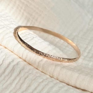 Gold Filled Floral Bangle: Vintage Flower Pattern Stacking Bangle