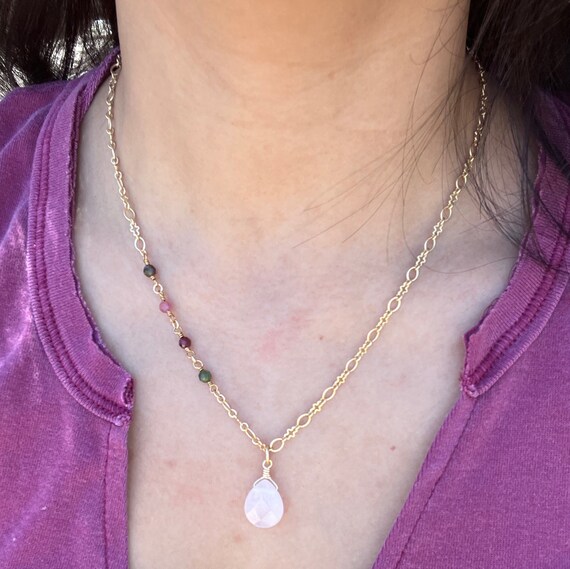 Tourmaline Necklace Rose Quartz Pendant Necklace Gemstone necklaces Adjustable necklace