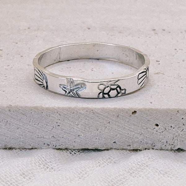 Handgemachter Sterling Silber Ozean-Band-Ring: Seestern, Schildkröte, Muschel