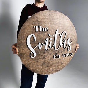 Cartello rotondo in legno personalizzato con cognome, libro degli ospiti per matrimonio, cartello con sfondo con nome, decorazione rustica, cartello con cognome grande per la famiglia