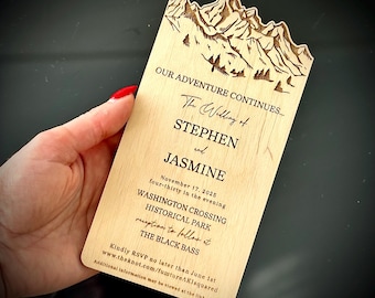 Wooden Wedding Invitations with Mountain Design – Personalized Save the Date – Rustic Wood Wedding Cards, Custom Wooden Save the Date