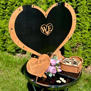 Heart Alternative Wedding Guest Book, Drop Heart GuestBook Idea, Personalized, Custom Keepsake Sign-In Book, Wood, Handmade, Heart shaped