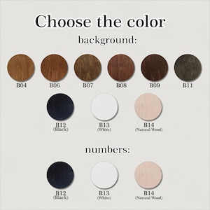 May include: A selection of wood and painted color swatches for choosing a background and number color for a custom product. The swatches are labeled with the color code and a description, such as "Black" or "Natural Wood".