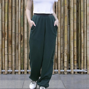 Dark Green Polar Fleece High Waisted Joggers Sweatpants With Pockets / High Waisted Loose Pants / Wide Leg Pants Cotton For Woman
