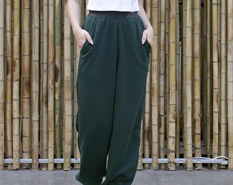 Pantalones deportivos de cintura alta de polar verde oscuro con bolsillos / Pantalones holgados de cintura alta / Pantalones de pierna ancha de algodón para mujer