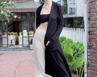 Long Black Cardigan W Pockets // Cardigan long en jersey de coton à manches longues // Manteau de pull long confortable et doux fait à la main // Cadeau pour elle