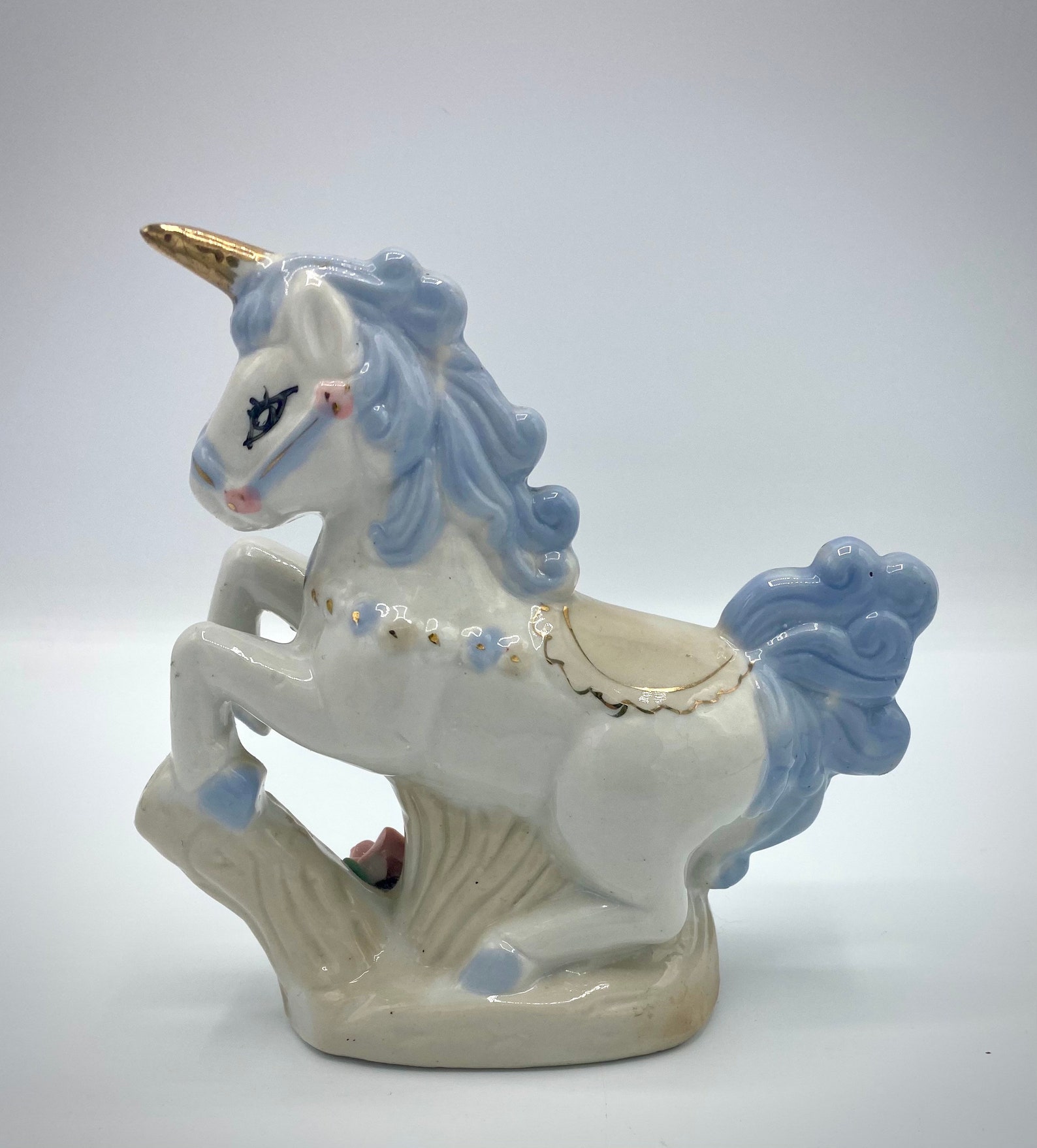 Vintage Porcelain Unicorn Figurine w/ Blue Mane Gold Horn Etsy
