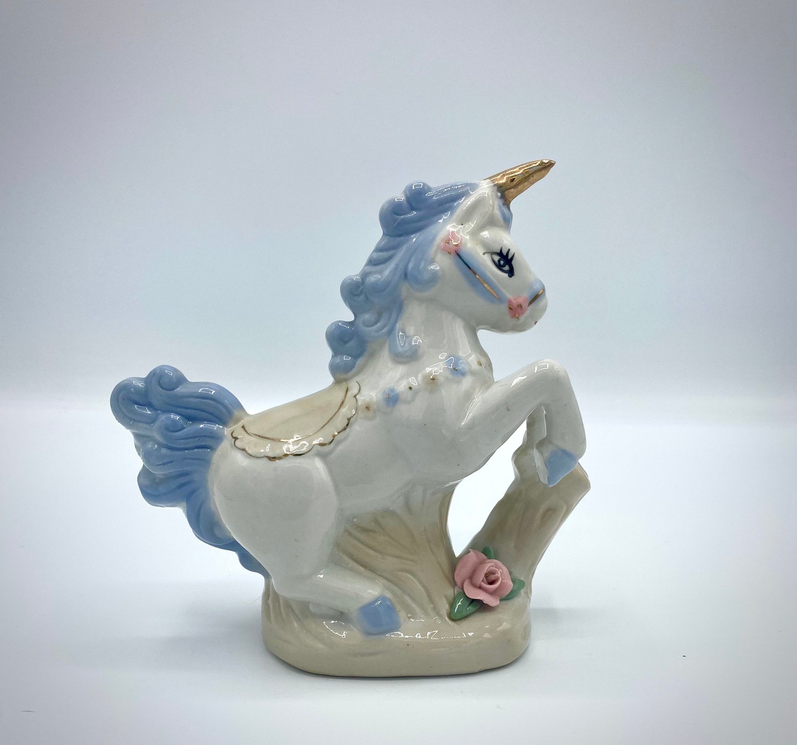 Vintage Porcelain Unicorn Figurine w/ Blue Mane Gold Horn Etsy