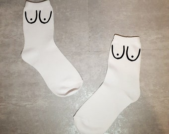 Weiße Boobie Boob Socken, einzelnes Paar, schwarz auf weiß, Novelty Weihnachtsgeschenk, Secret Santa, Lustiges Weihnachtsgeschenk, Weihnachtssocken, Für Sie