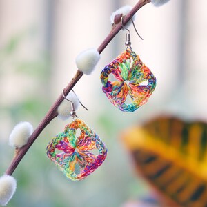 Crochet Rainbow Earrings: Cotton Granny Square Dangle Jewellery