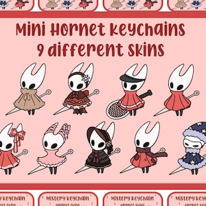 Puede incluir: Imagen rosa con nueve llaveros Hornet diferentes, cada uno con un diseño único. El texto "Mini Hornet keychains" y "9 different skins" se muestra en la parte superior. Los llaveros son de varios colores y atuendos.