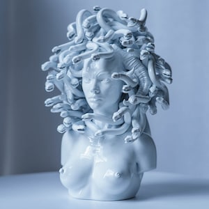 Escultura de cabeza de Medusa, estatua de serpiente, peinado, cuernos, busto malvado, pecho, parte superior del cuerpo, adornos artesanales