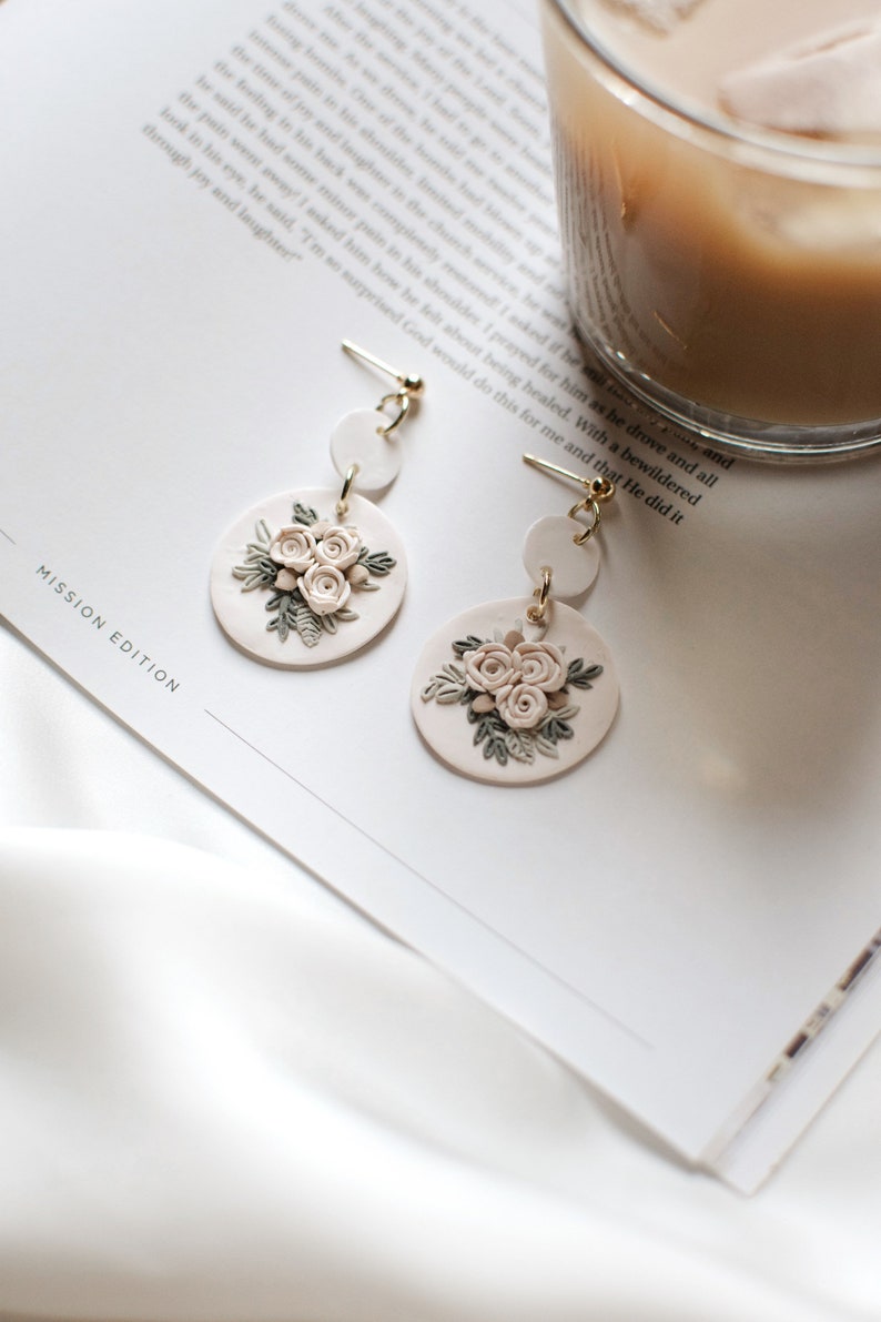 Coastal Bouquet Earrings Polymer Clay Handmade Floral Earrings 14K Plated Gold image 4