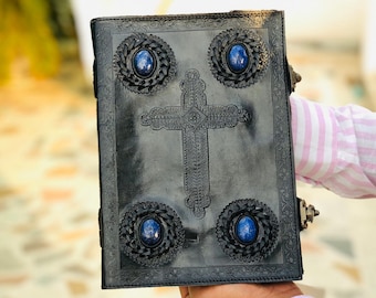 Cross Leather Journal Handmade Large Celtic Cross Notebook Refillable Diary With Lock Embossed Journal With Stones