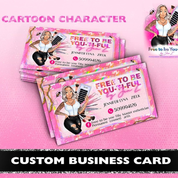 Custom Business Cards Design, Business Card with Cartoon Logo, Personalized Printable Branding, Pink Black Rose Gold Glitter Business Card