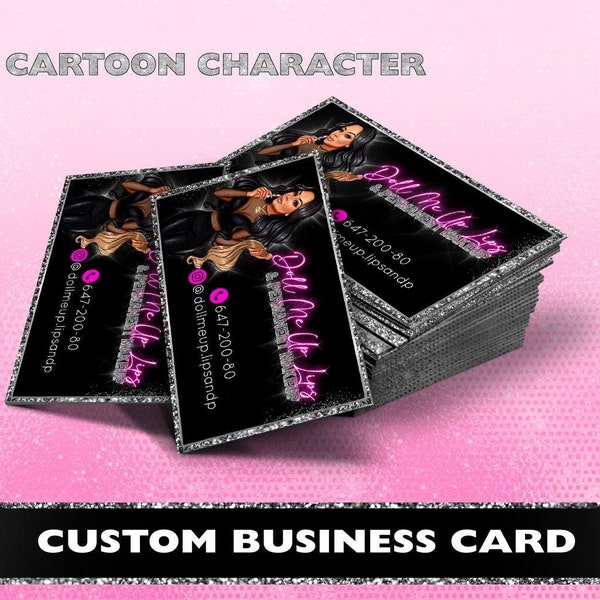 Custom Business Cards Design, Business Card with Cartoon Logo, Personalized Printable Branding, Pink Black Rose Gold Glitter Business Card