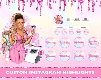 Custom Instagram Highlight Icons, Instagram Stories, Cartoon Instagram Story Covers, Gold Covers, Black Highlights, Social Media Kit