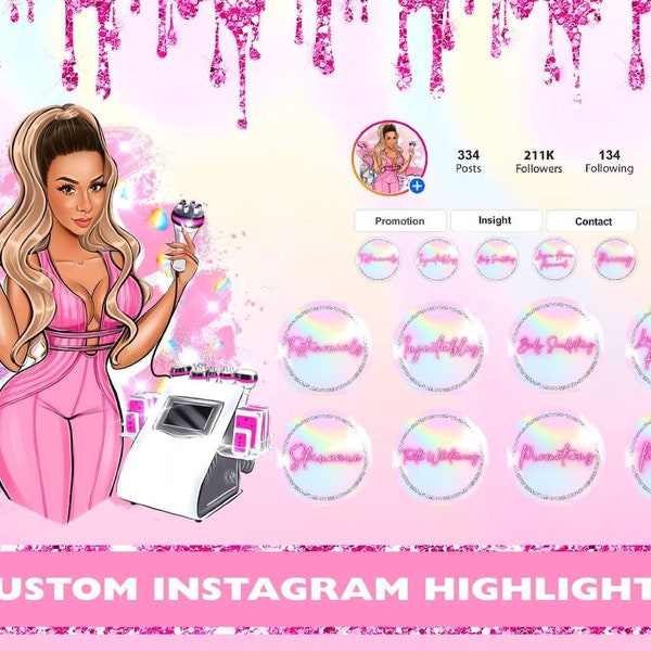 Personalisierte Instagram Highlight Icons, Instagram Stories, Cartoon Instagram Story Cover, Gold Cover, Schwarze Highlights, Social Media Kit