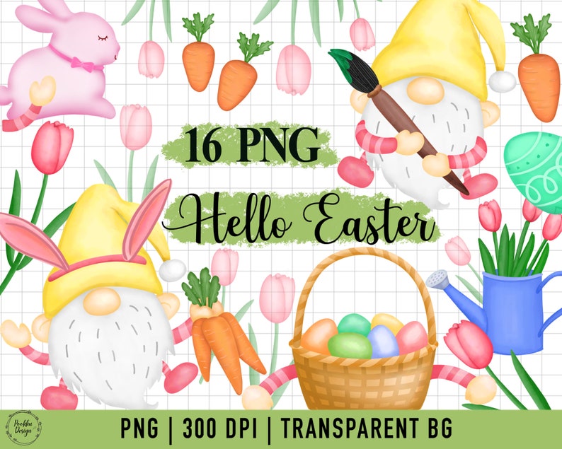 Instant Download Watercolor Easter gnome Digital Clip Art Happy Easter Watercolor Clipart Easter Egg /& Bunny PNG