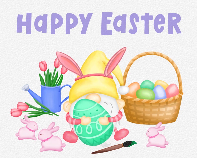 Instant Download Watercolor Easter gnome Digital Clip Art Happy Easter Watercolor Clipart Easter Egg /& Bunny PNG
