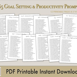 Könnte beinhalten: Ein Set von 12 druckbaren Seiten, je 21,6 cm x 27,9 cm, mit 365 Fragen zur Zielsetzung und Produktivität. Die Seiten sind nach Monaten geordnet. Der Text "PDF Printable Instant Download" ist unten im Bild zu sehen.