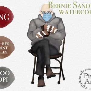 Aquarelle Bernie Sanders, Funny Bernie, Bernie Mittens Aquarelle Clipart, Bernie sitting PNG, Digital Clip Art, Instant Download