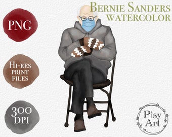 Watercolor Bernie Sanders, Funny Bernie, Bernie Mittens Watercolor Clipart, Bernie sitting PNG, Digital Clip Art, Instant Download