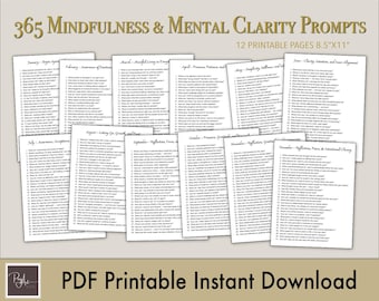 365 Mindfulness and Mental Clarity Prompts | Daily Reflection & Self-Care Journal | Printable PDF