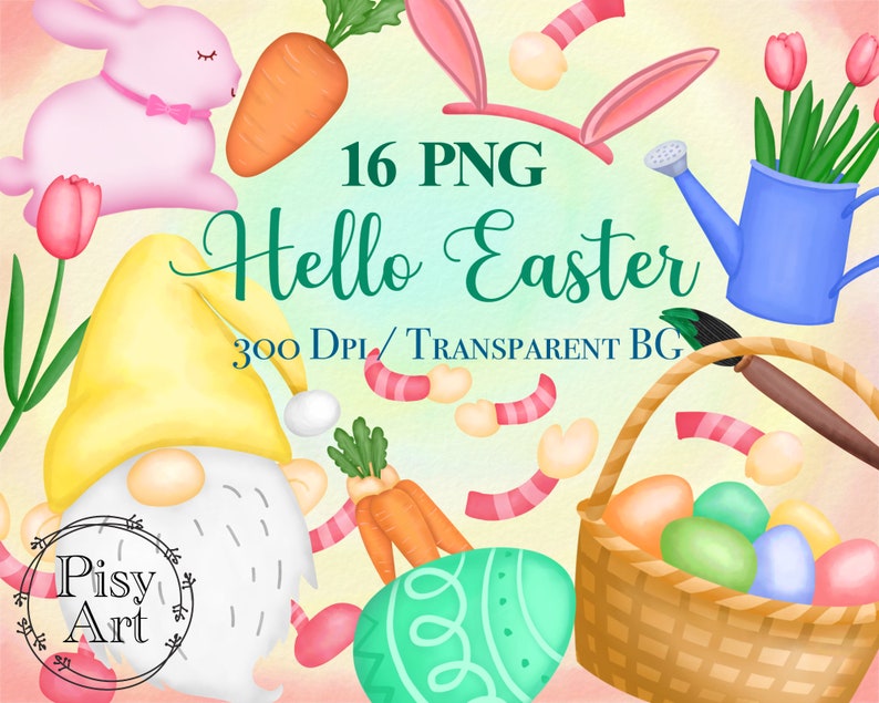 Instant Download Watercolor Easter gnome Digital Clip Art Happy Easter Watercolor Clipart Easter Egg /& Bunny PNG