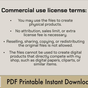 May include: A beige background with black text detailing commercial use license terms. The text includes conditions for using files to create physical products, with no attribution or sales limits. Reselling or redistributing the original files is prohibited.