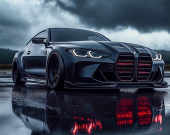 Póster elegante de BMW M4 negro: fotografía de coche en una noche lluviosa, impresión de un coche deportivo de lujo, arte mural automotriz