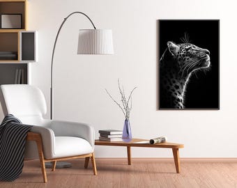 Black and White Leopard Wall Art - Wildlife Fine Art Print, Minimalist Animal Portrait | Poster