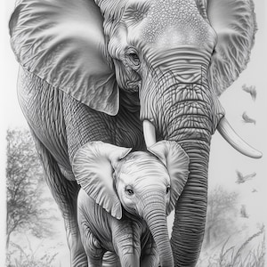 Mother and Baby Elephant - High-Quality Digital Sketch Art Print | Digital Download
