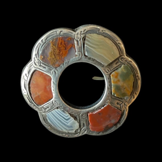 Antique Victorian Scottish Agate Silver Brooch, c… - image 1