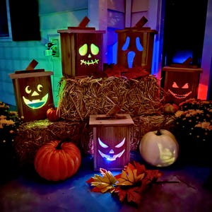 Wood Pumpkin Halloween Jack O lantern Wooden Indoor/Outdoor Decor w/ LED color changing candle and battery included Wood Pumpkin Porch Decor