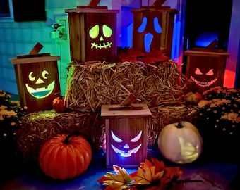 Wood Pumpkin Halloween Jack O lantern Wooden Indoor/Outdoor Decor w/ LED color changing candle and battery included Wood Pumpkin Porch Decor