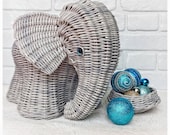Wicker gray elephant storage basket for flowers and fruits, woven elephant decor basket planter