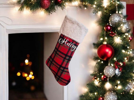 Personalised Child, Adult, Personalised Tartan Christmas Stocking. Kids Stockings. Pet Stockings. Hanging Red Stocking. Fluffy