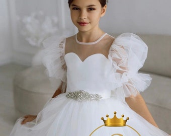 Flower girl dress ivory, Tutu flower girl dress with sleeves, Satin girl dress, Tulle birthday girl dress, Dress for photoshoot, Girl dress