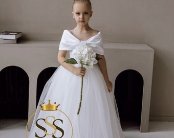 Satin flower girl dress, White flower girl dress, Off the shoulder girl dress, First communion girl dress, Baby girl dress, Ball gown