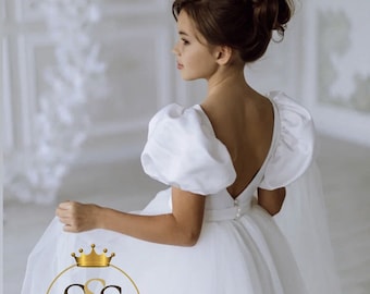 Offener Rücken Kleinkind Mädchenkleid, Blumenmädchen Kleid Elfenbein, Tutu Mädchenkleid, Blumenmädchen Kleid Tüll, Satin Mädchenkleid weiß, Erstkommunion