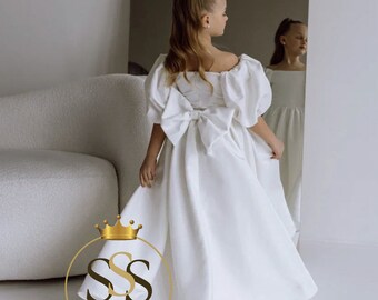 Birthday girl dress, Modest flower girl dress, Ivory girl dress, Girl dress with puffy sleeves, Long flower girl dress, Ball gown Girl dress