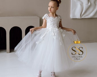 Blumenmädchen Kleid, Erstkommunion Kleid, Satin Blumenmädchen Kleid, Weißes Mädchenkleid, Spitzenkleid Junior, Tutu Blumenkleid, Kleid mit Schleife