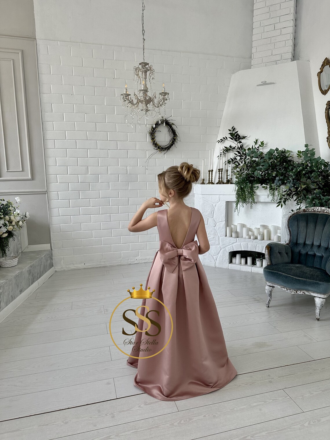 Dusty Rose Flower Girl Dress, Satin Girl Dress, Simple Flower Girl